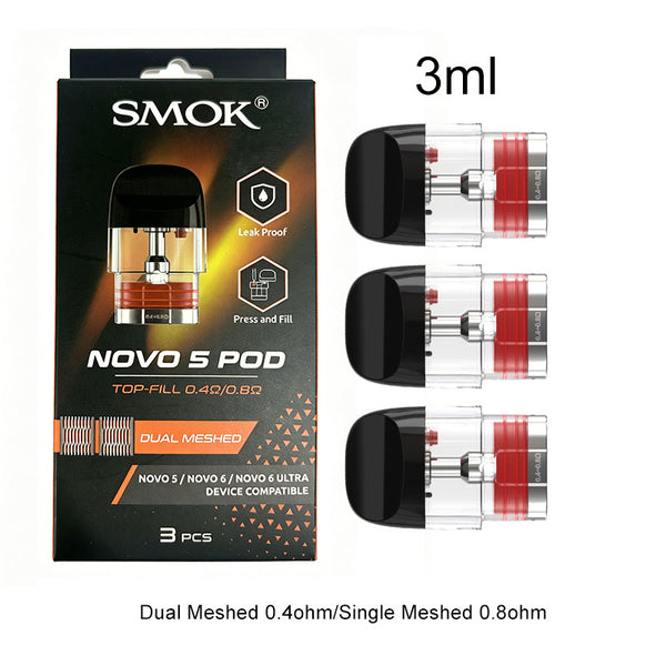 SMOK Novo 5 Pod Series Cartridge 2ml/3ml (3pcs/pack) – Dual Meshed 0.4ohm/Single Meshed 0.8ohm(3ml) - 1Pack
