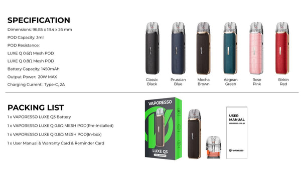 Kit de système de pod Vaporesso Luxe Q3 1450 mAh 3 ml (max 20 W) – Kit de système de pod Vaporesso Luxe Q3 1450 mAh 3 ml (max 20 W)
